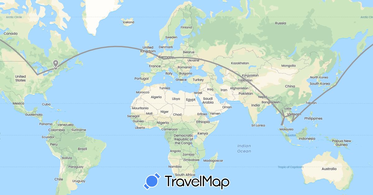 TravelMap itinerary: driving, plane in Canada, Germany, Japan, Thailand, United States, Vietnam (Asia, Europe, North America)